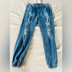 NWT American Bazi Distressed Denim Jogger Jeans Pants Size Large